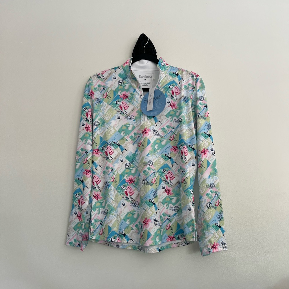SanSoleil UPF 50 Long Sleeve Pullover - Seafoam Floral Print
